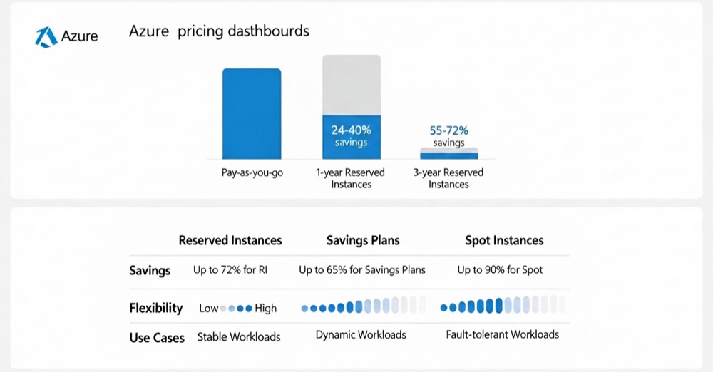 Azure pricing options comparison showing Reserved Instances, Savings Plans, and Spot Instances with savings percentages and use cases