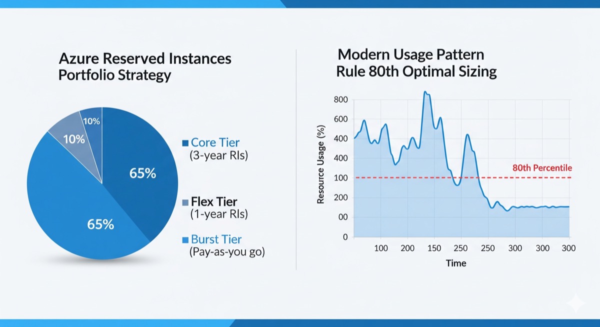 Azure RI portfolio strategy showing core/flex/burst tiers and 80th percentile utilization rule